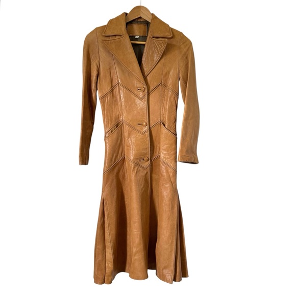 Vintage 70s Brown Leather Maxi Coat Chevron Stitching Retro Boho Womens XS - Picture 2 of 13